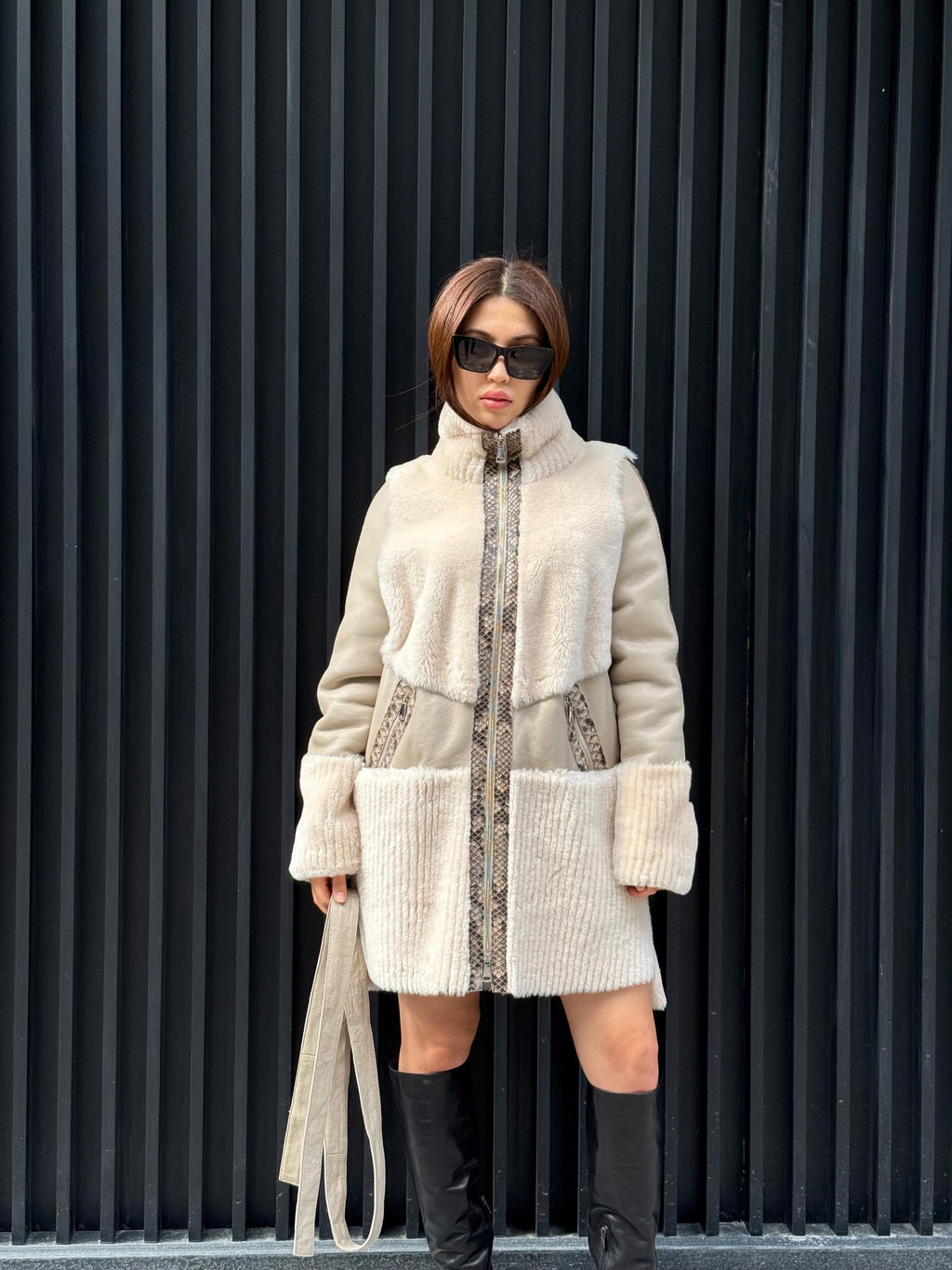 Women’s Beige Shearling Coat, Luxury Lambskin & Mouton Jacket with Python Accents