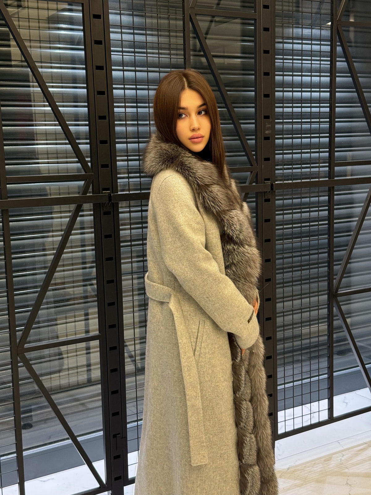 Women’s Gray Long Alpaca Wool Coat, Handmade Front Frost Fox Fur Jacket