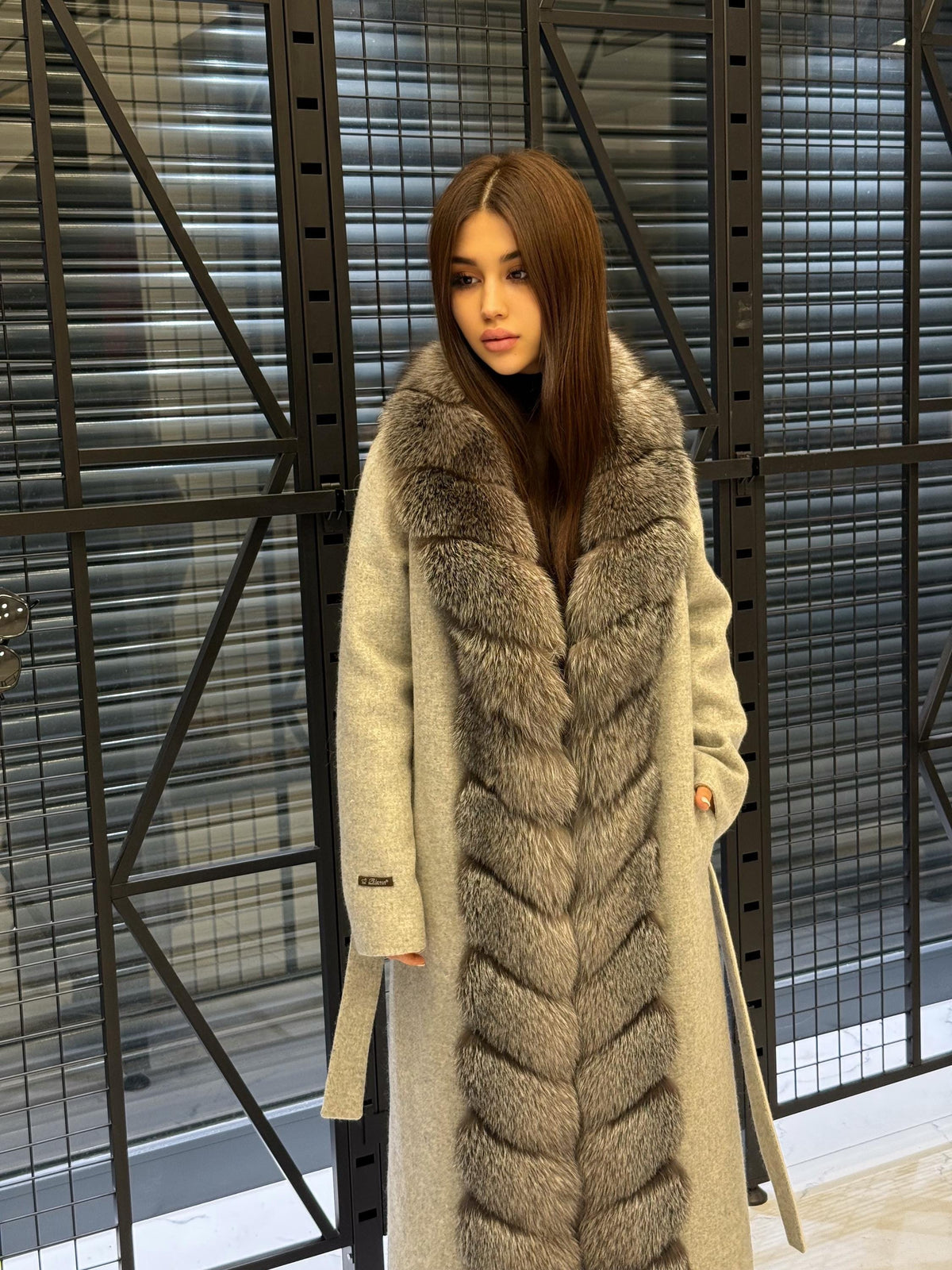 Women’s Gray Long Alpaca Wool Coat, Handmade Front Frost Fox Fur Jacket