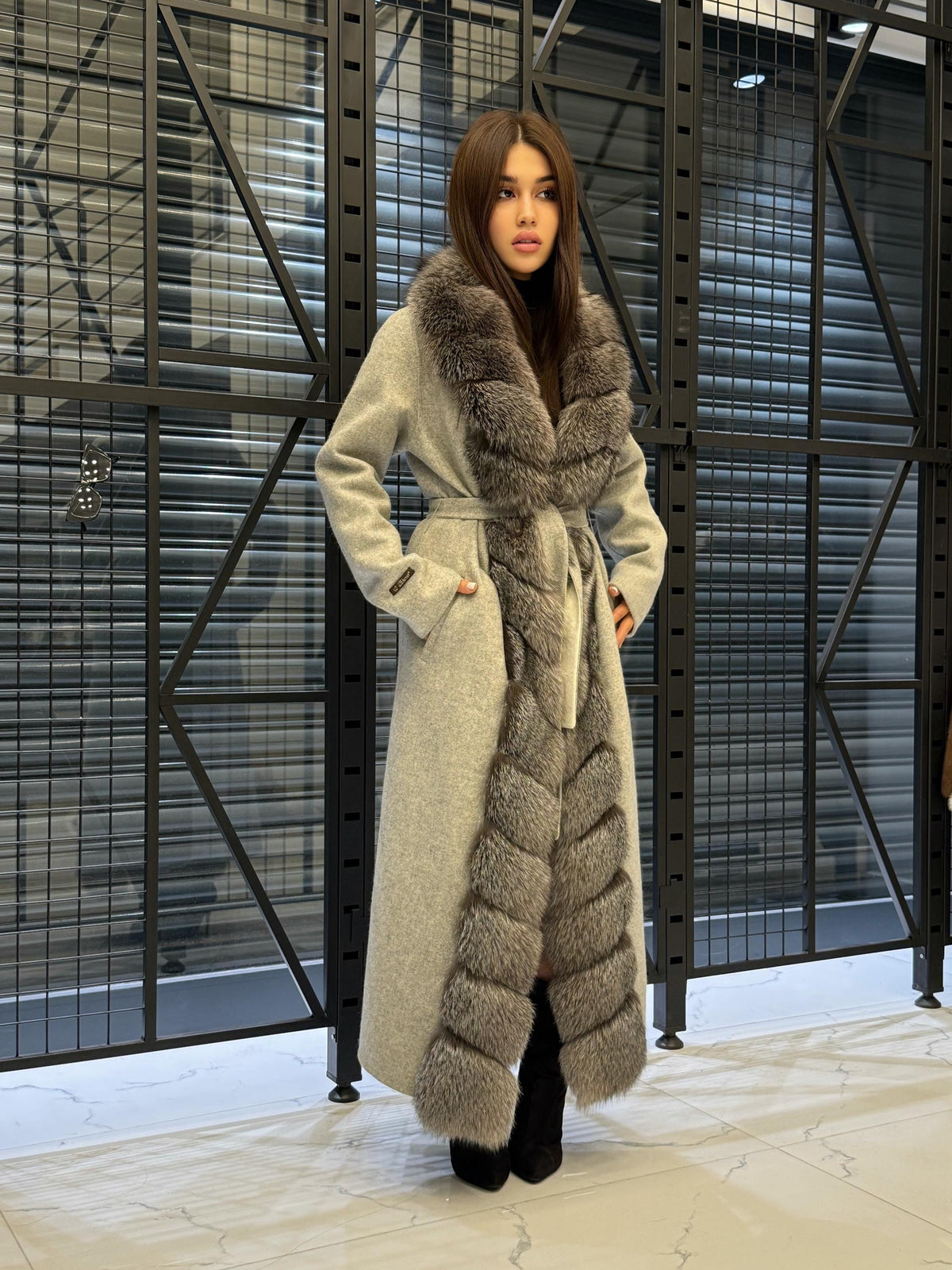Women’s Gray Long Alpaca Wool Coat, Handmade Front Frost Fox Fur Jacket