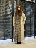 Women’s Gray Long Alpaca Wool Coat, Handmade Front Frost Fox Fur Jacket