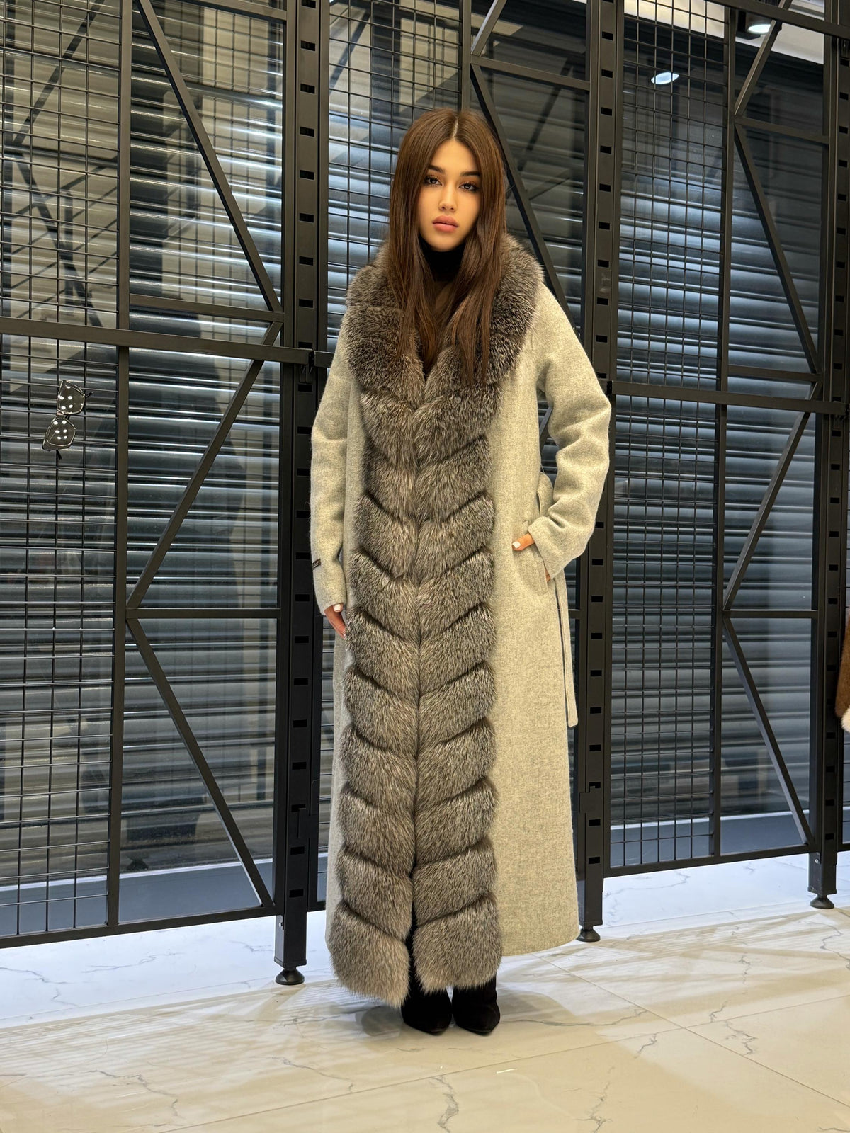 Women’s Gray Long Alpaca Wool Coat, Handmade Front Frost Fox Fur Jacket