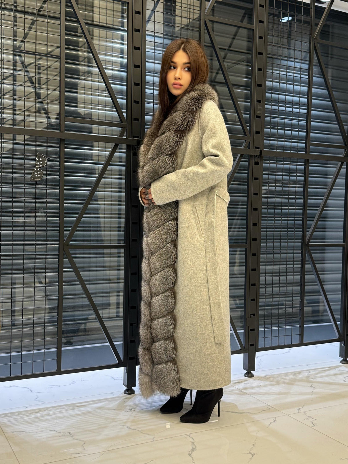 Women’s Gray Long Alpaca Wool Coat, Handmade Front Frost Fox Fur Jacket