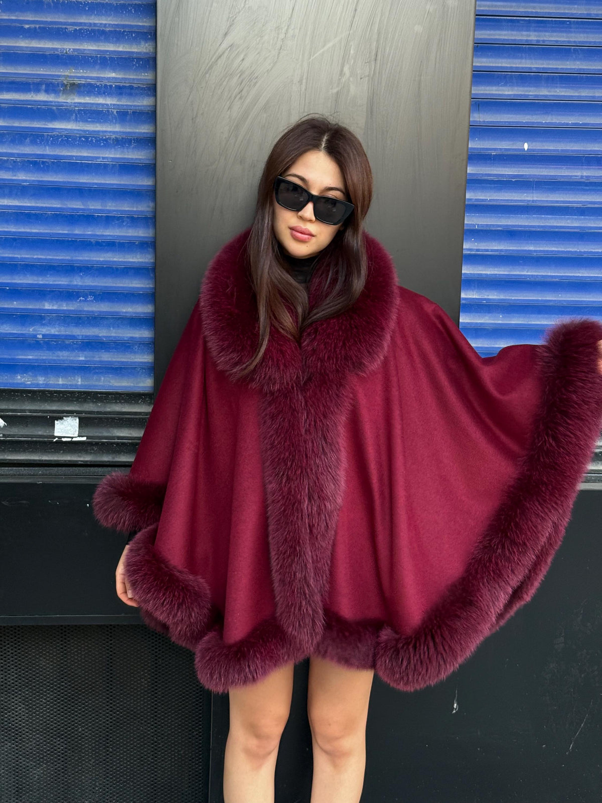 Red Cashmere Shawl With Fur Trim, Handmade Luxury Plus Size Fox Fur Jacket Cape