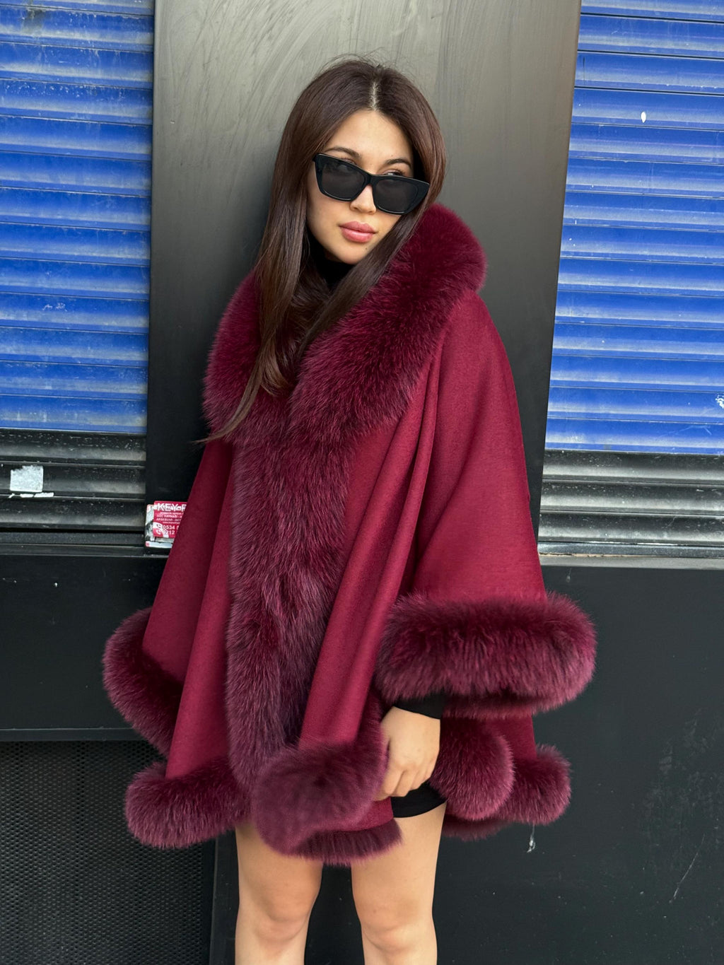 Red Cashmere Shawl With Fur Trim, Handmade Luxury Plus Size Fox Fur Jacket Cape
