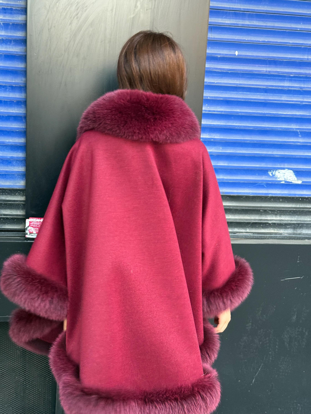 Red Cashmere Shawl With Fur Trim, Handmade Luxury Plus Size Fox Fur Jacket Cape