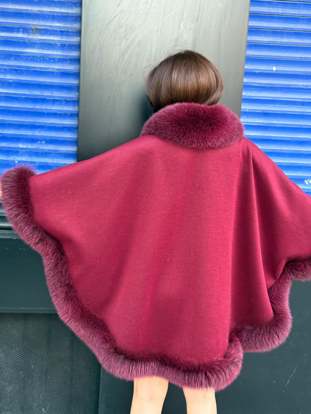 Red Cashmere Shawl With Fur Trim, Handmade Luxury Plus Size Fox Fur Jacket Cape