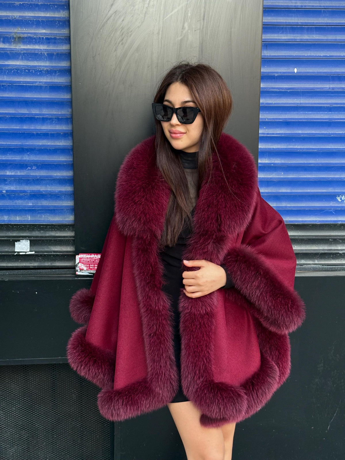 Red Cashmere Shawl With Fur Trim, Handmade Luxury Plus Size Fox Fur Jacket Cape
