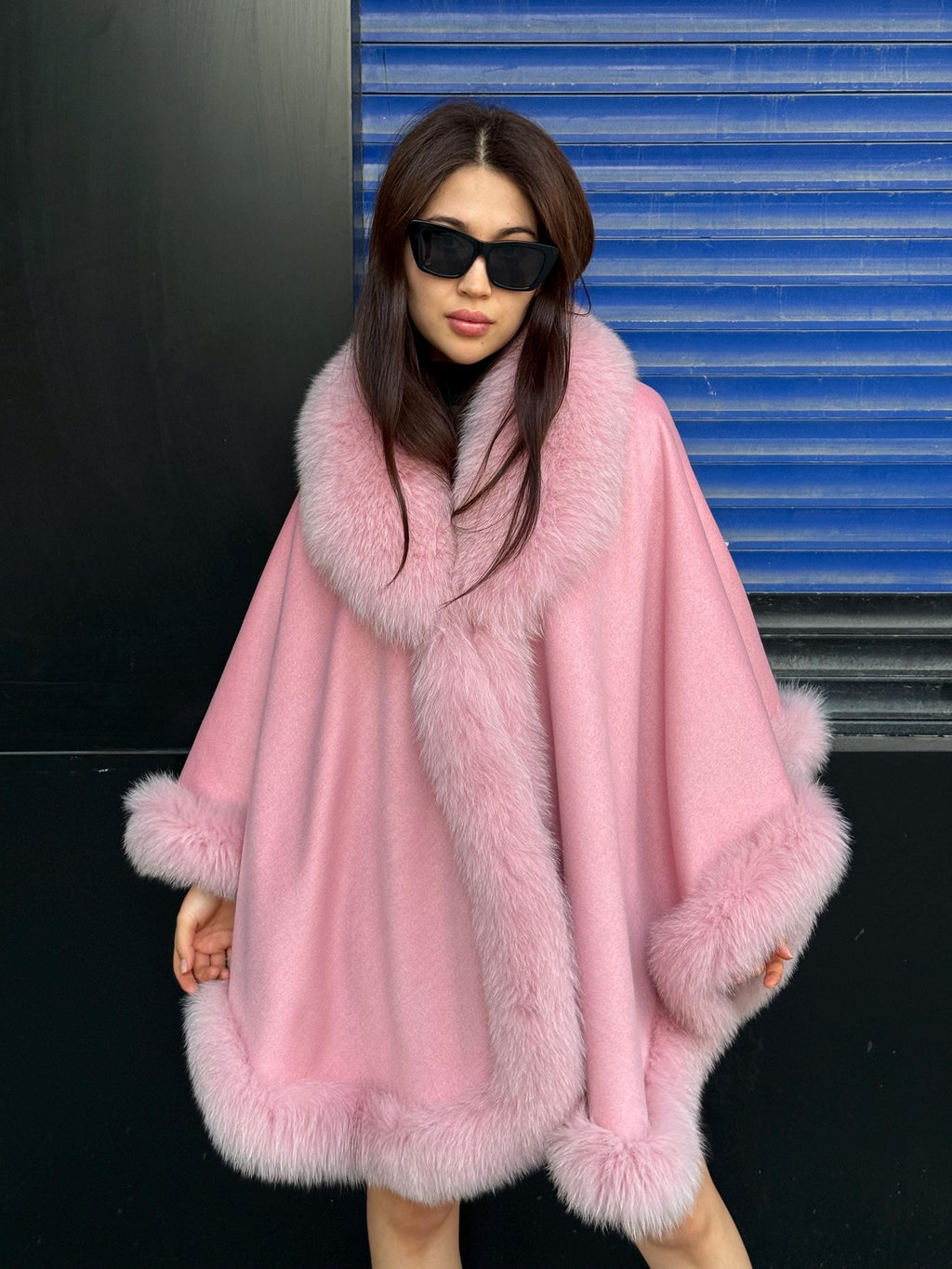 Women’s Luxury Pink Cashmere Cape, Fox Fur Trim Jacket, Handmade Wool Shawl