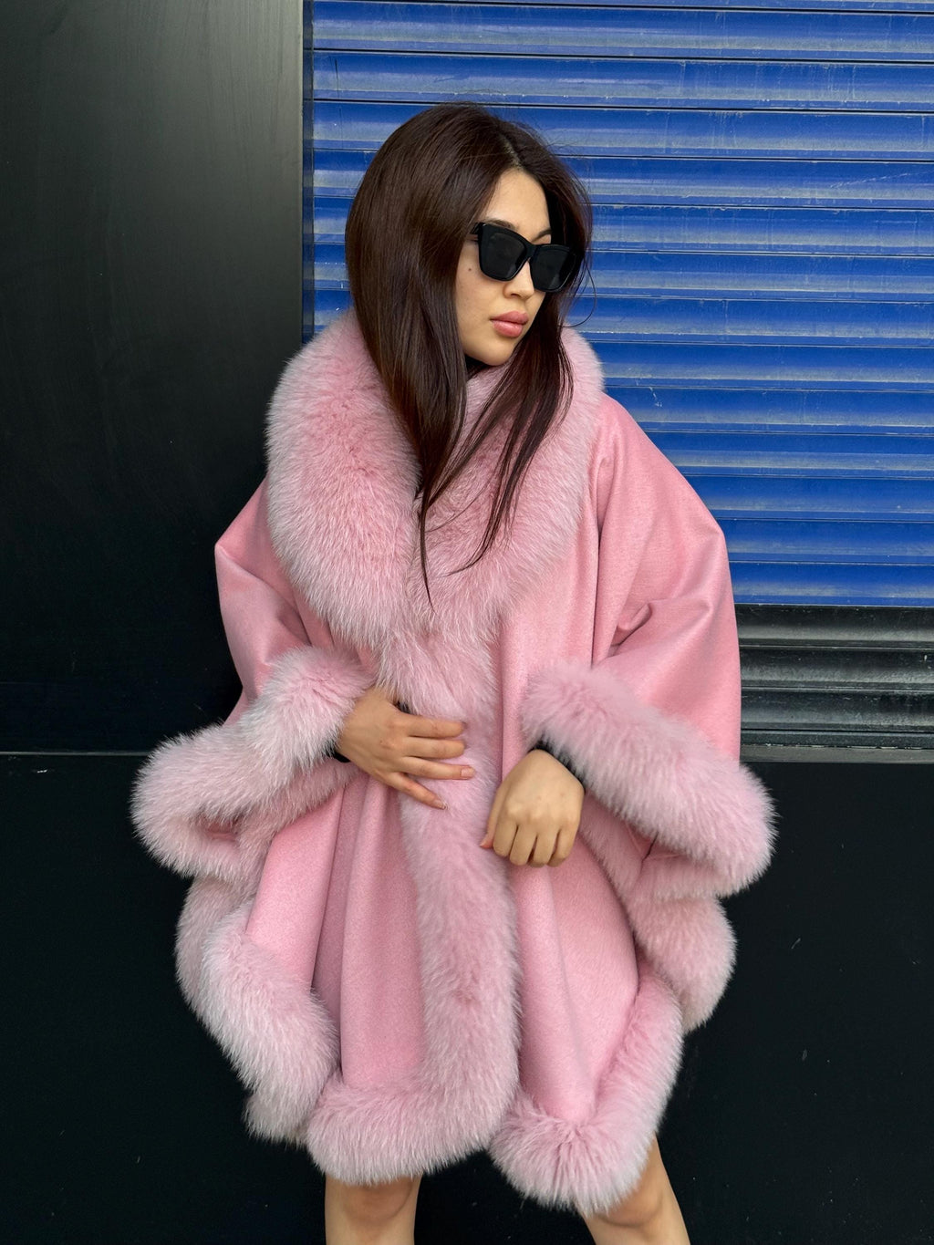 Women’s Luxury Pink Cashmere Cape, Fox Fur Trim Jacket, Handmade Wool Shawl