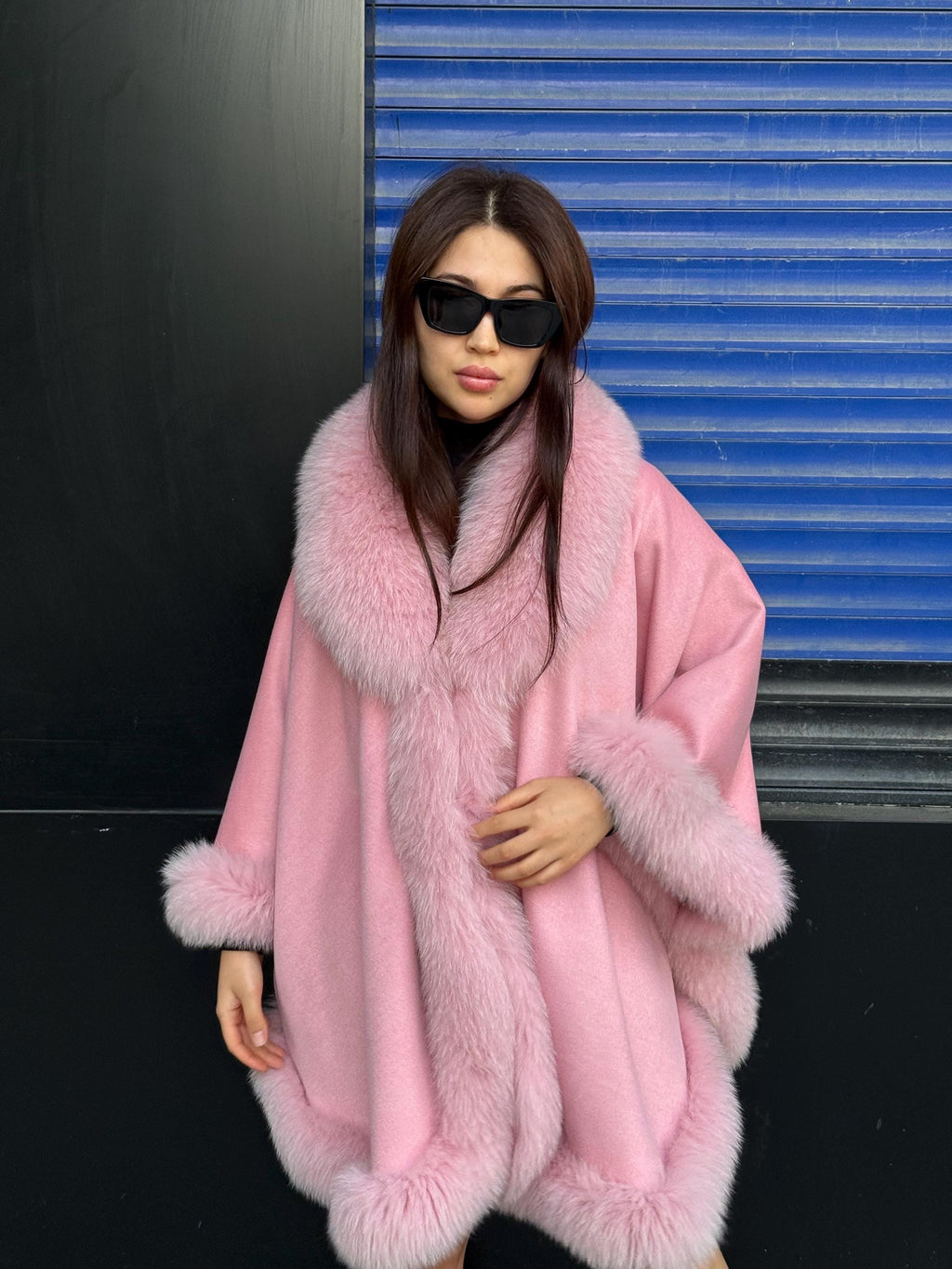 Women’s Luxury Pink Cashmere Cape, Fox Fur Trim Jacket, Handmade Wool Shawl
