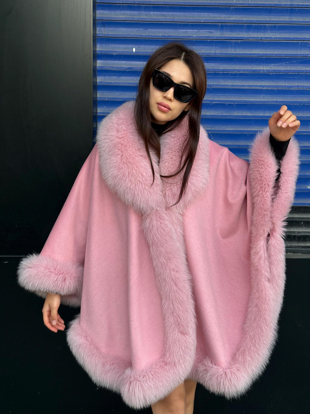 Women’s Luxury Pink Cashmere Cape, Fox Fur Trim Jacket, Handmade Wool Shawl