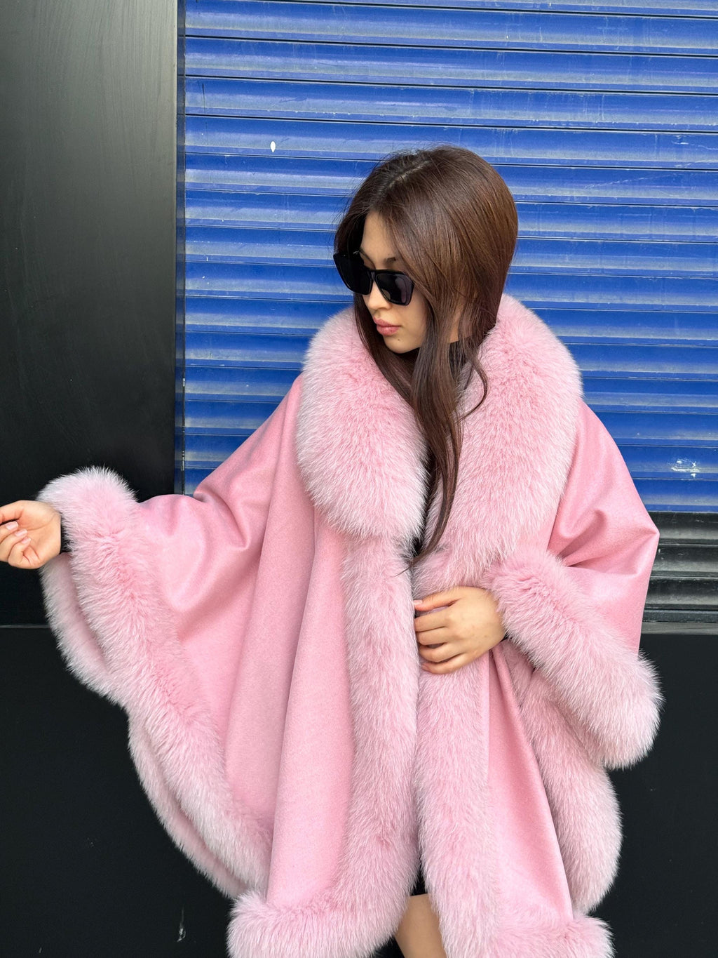 Women’s Luxury Pink Cashmere Cape, Fox Fur Trim Jacket, Handmade Wool Shawl