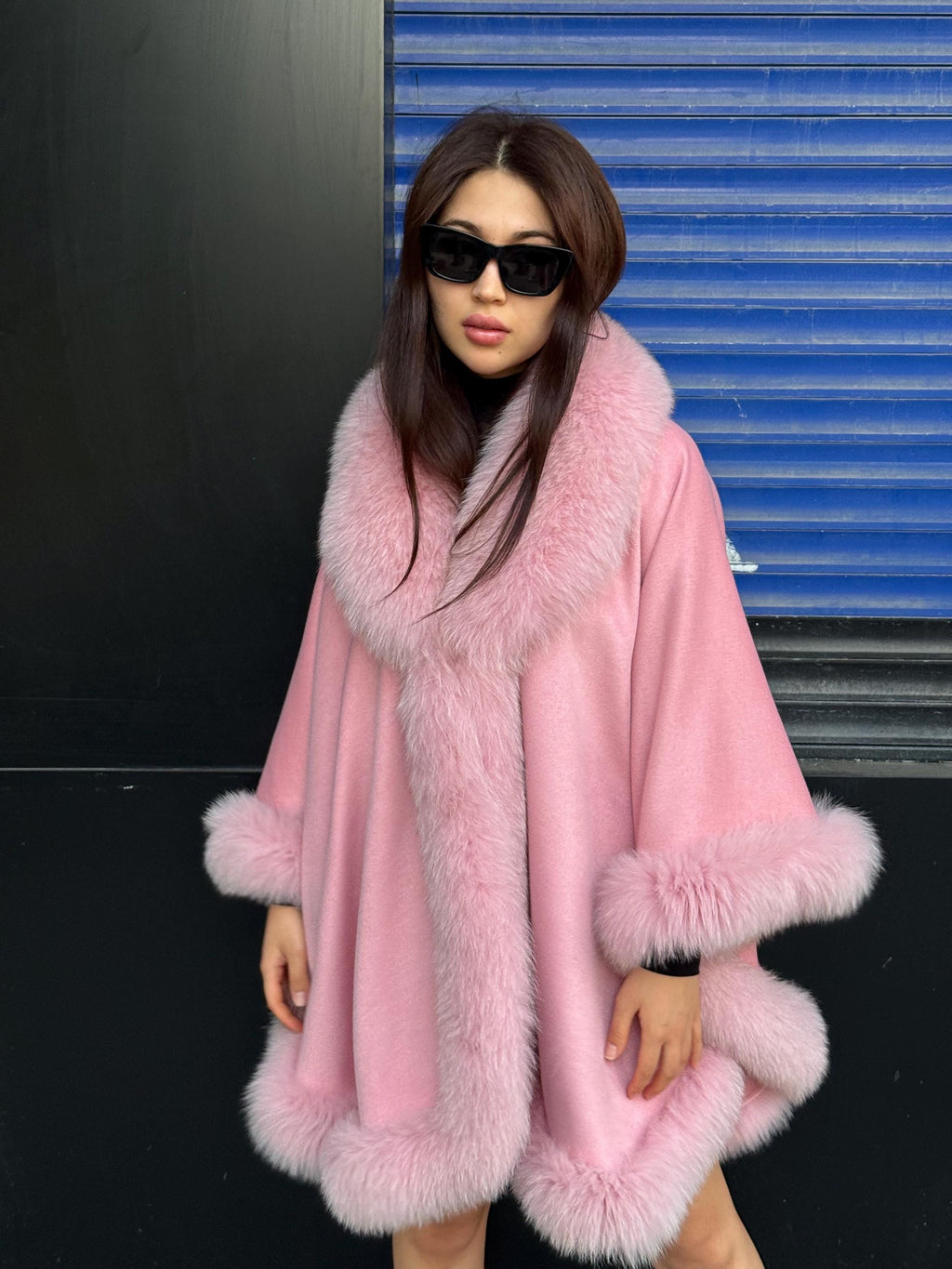 Women’s Luxury Pink Cashmere Cape, Fox Fur Trim Jacket, Handmade Wool Shawl
