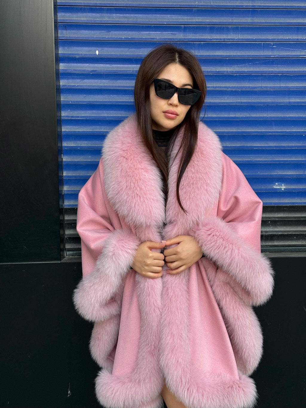 Women’s Luxury Pink Cashmere Cape, Fox Fur Trim Jacket, Handmade Wool Shawl