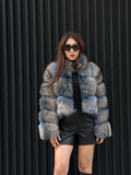 Women’s Fox Fur Jacket: Handmade Dyed Blue With Golden Tips Fur Coat