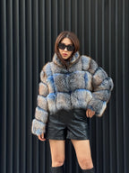 Women’s Fox Fur Jacket: Handmade Dyed Blue With Golden Tips Fur Coat