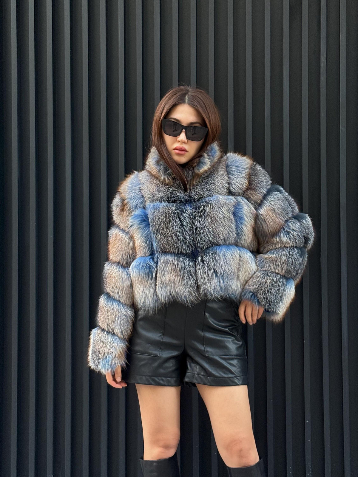 Women’s Fox Fur Jacket: Handmade Dyed Blue With Golden Tips Fur Coat