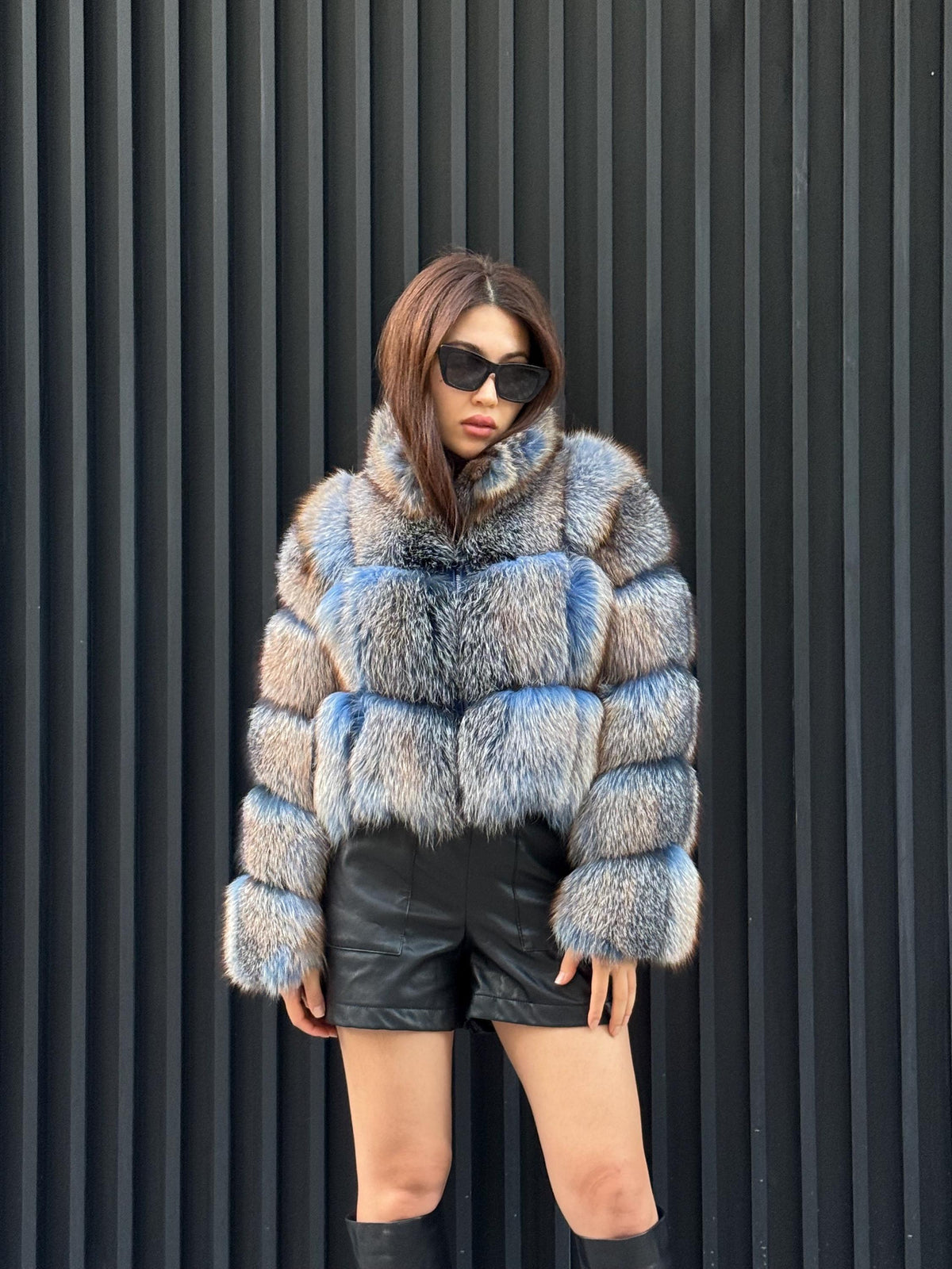 Women’s Fox Fur Jacket: Handmade Dyed Blue With Golden Tips Fur Coat
