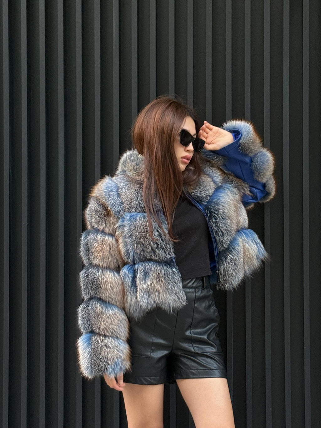 Women’s Fox Fur Jacket: Handmade Dyed Blue With Golden Tips Fur Coat
