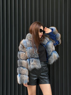 Women’s Fox Fur Jacket: Handmade Dyed Blue With Golden Tips Fur Coat