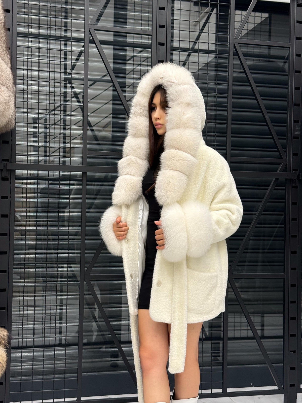 Luxury White Alcantara Cape Coat with Fox Fur Hood & Cuffs | Women’s Winter Arctic Fox Fur Jacket