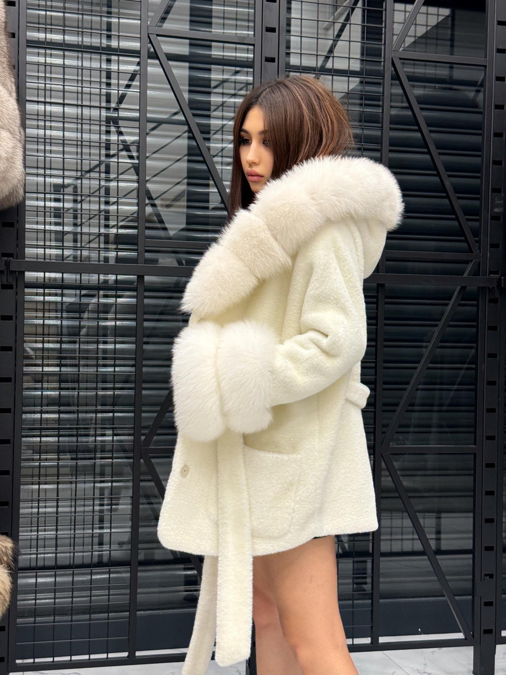 Luxury White Alcantara Cape Coat with Fox Fur Hood & Cuffs | Women’s Winter Arctic Fox Fur Jacket