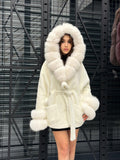 Luxury White Alcantara Cape Coat with Fox Fur Hood & Cuffs | Women’s Winter Arctic Fox Fur Jacket