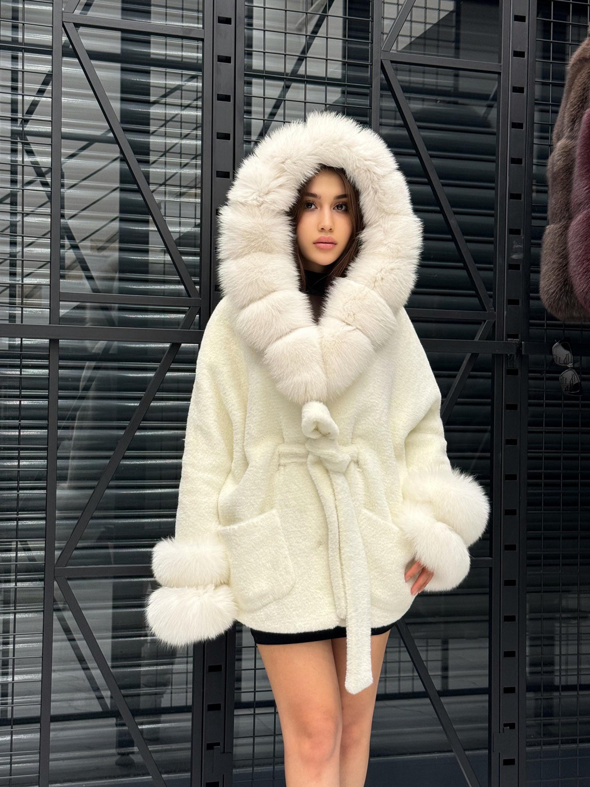 Luxury White Alcantara Cape Coat with Fox Fur Hood & Cuffs | Women’s Winter Arctic Fox Fur Jacket