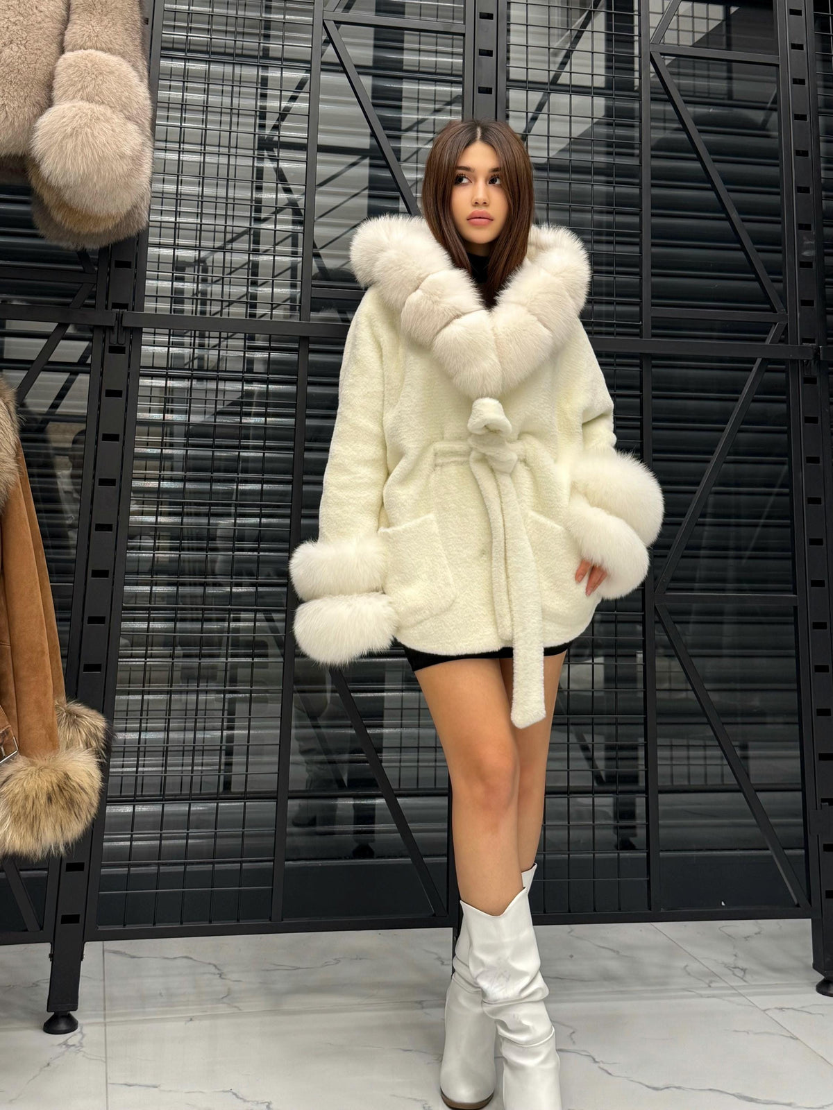 Luxury White Alcantara Cape Coat with Fox Fur Hood & Cuffs | Women’s Winter Arctic Fox Fur Jacket