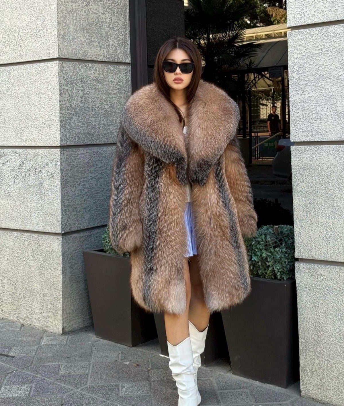 Luxury Long Fox Fur Coat, Women’s Handmade Golden Frost Fur Jacket