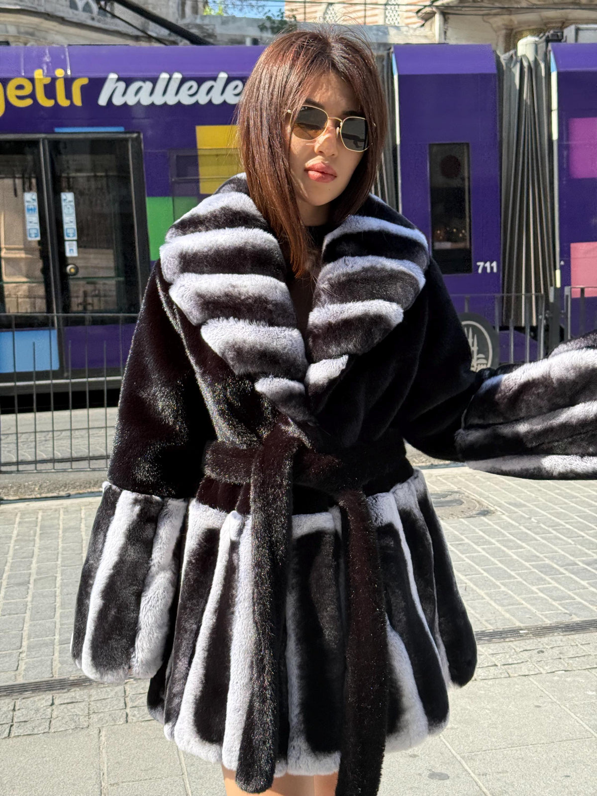 Women’s Black Faux Mink Fur Coat: Handmade Genuine Gray Rex Trim Jacket