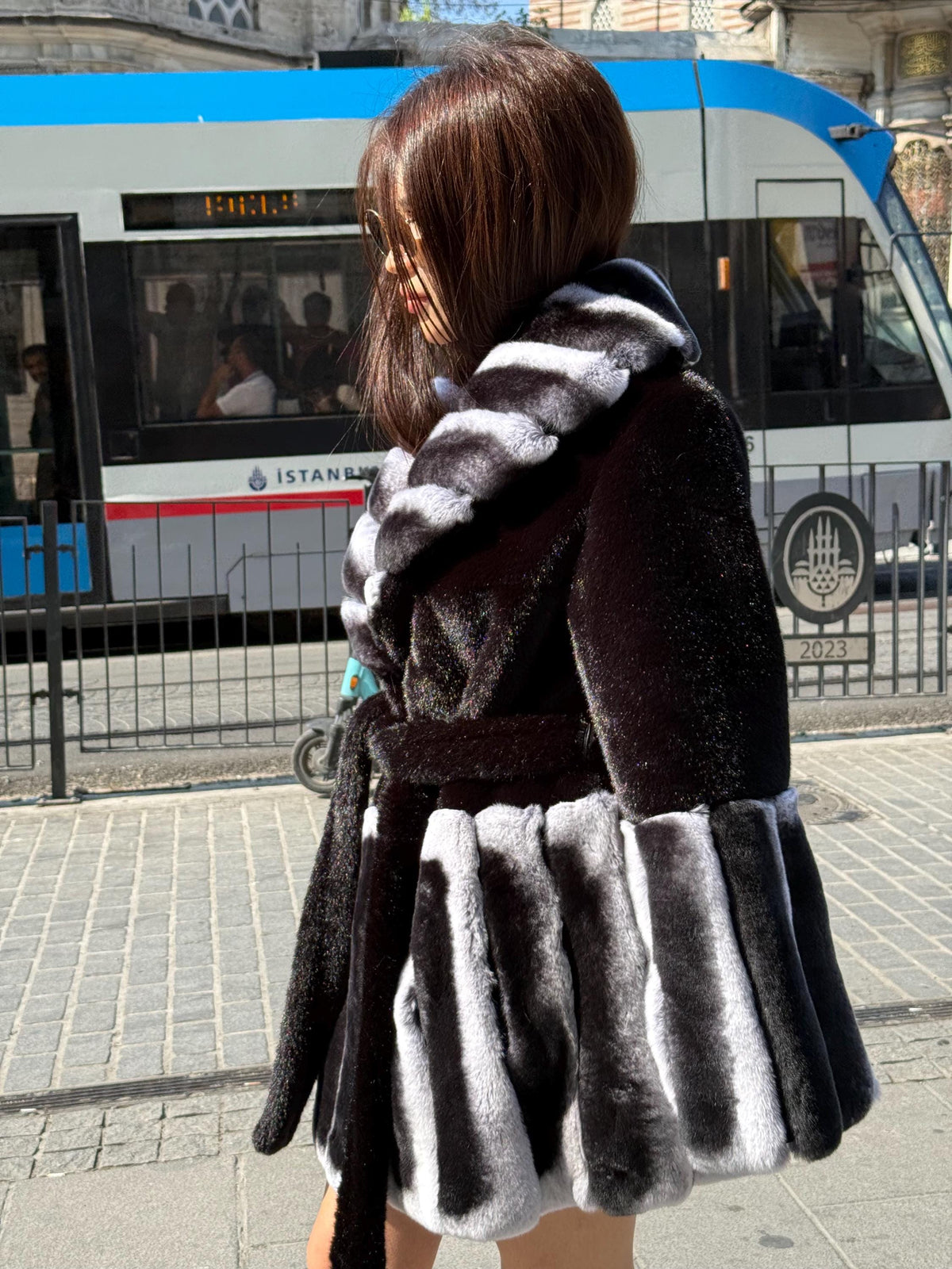 Women’s Black Faux Mink Fur Coat: Handmade Genuine Gray Rex Trim Jacket