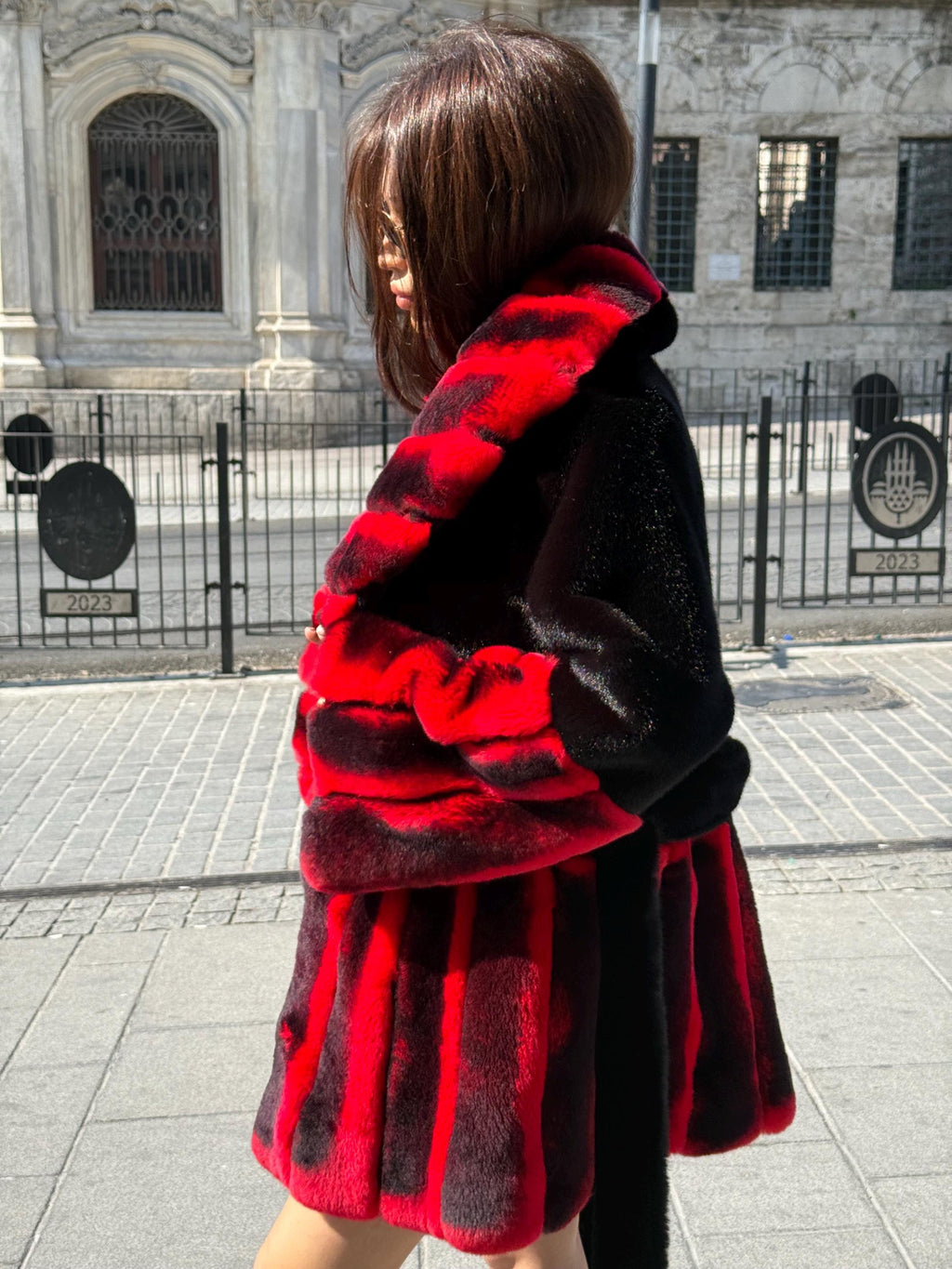 Women’s Black Faux Mink Fur Jacket, Handmade Genuine Red Rex Fur Trim Coat