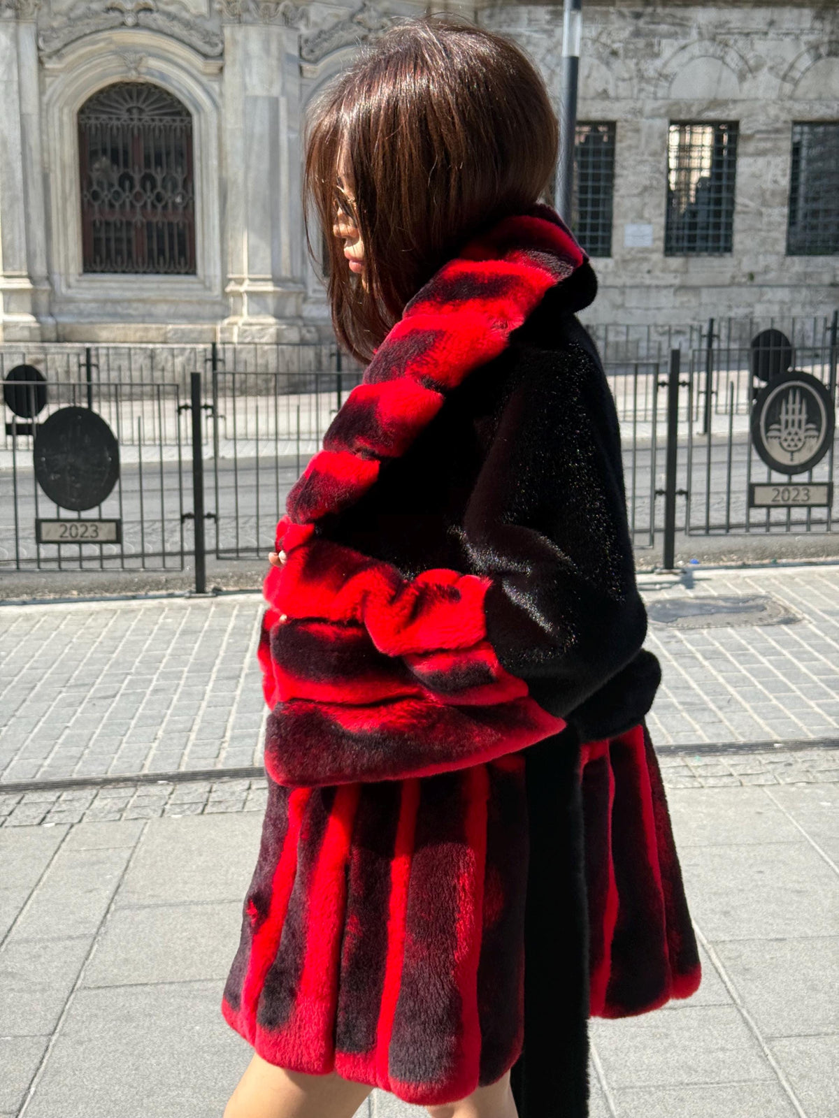 Women’s Black Faux Mink Fur Jacket, Handmade Genuine Red Rex Fur Trim Coat