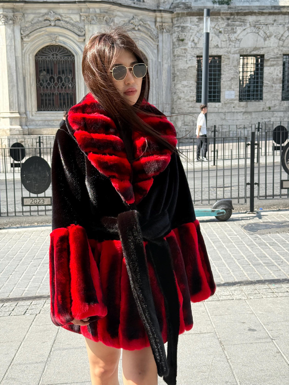 Women’s Black Faux Mink Fur Jacket, Handmade Genuine Red Rex Fur Trim Coat