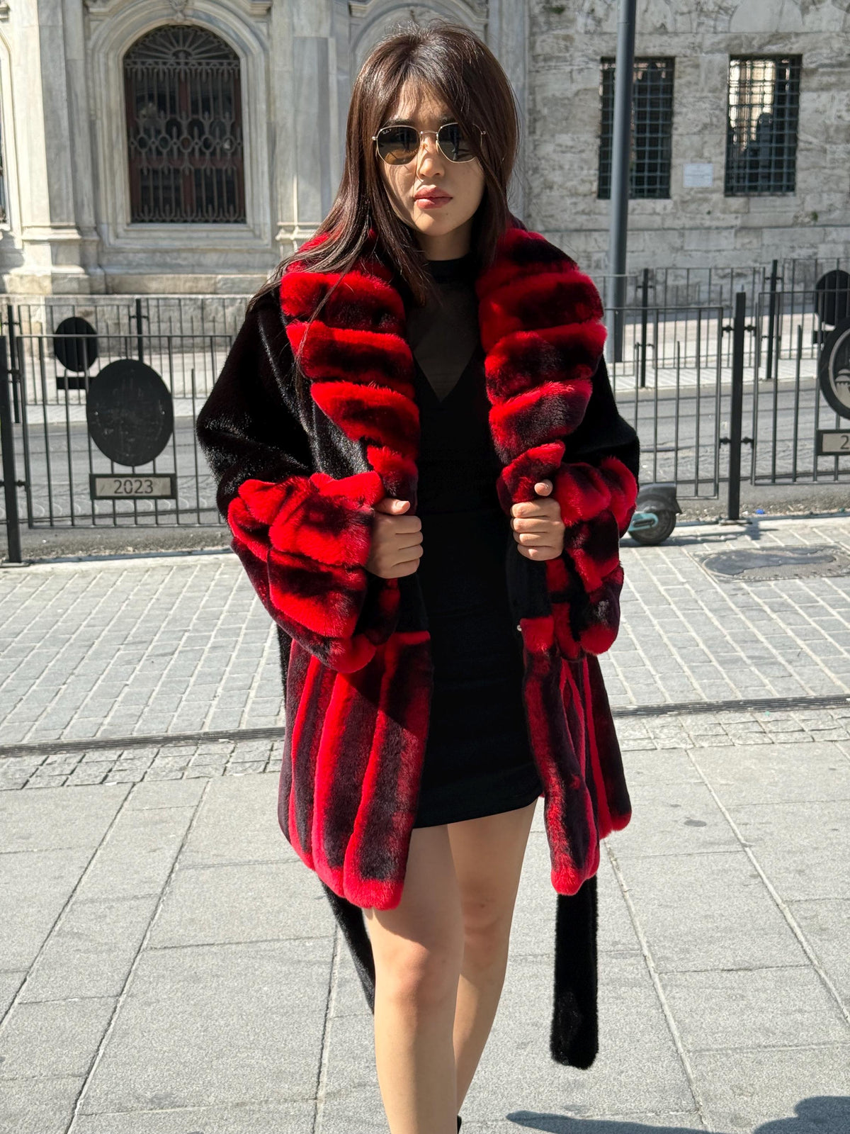 Women’s Black Faux Mink Fur Jacket, Handmade Genuine Red Rex Fur Trim Coat