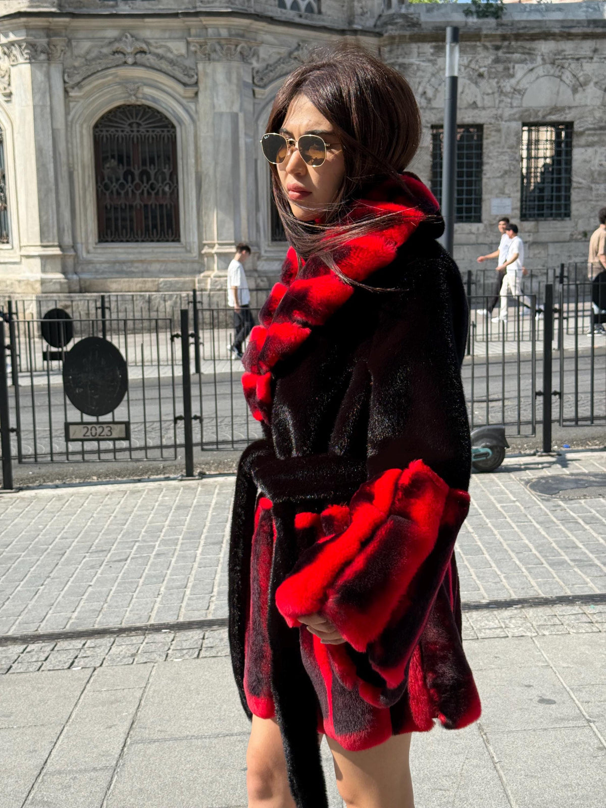 Women’s Black Faux Mink Fur Jacket, Handmade Genuine Red Rex Fur Trim Coat