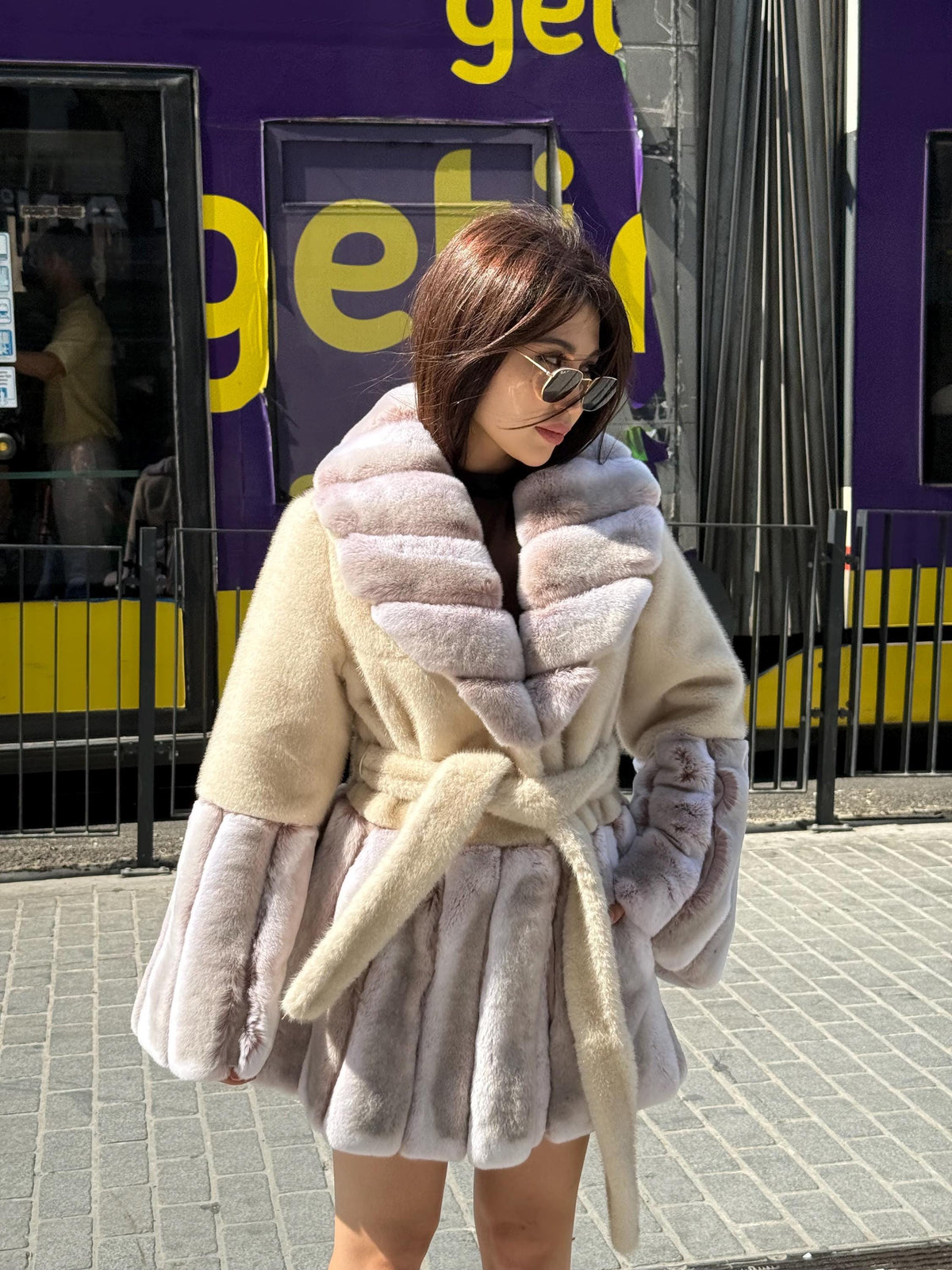 Beige Short Faux Mink Fur Jacket, Wonen’s Handmade Genuine Rex Fur Trim Coat
