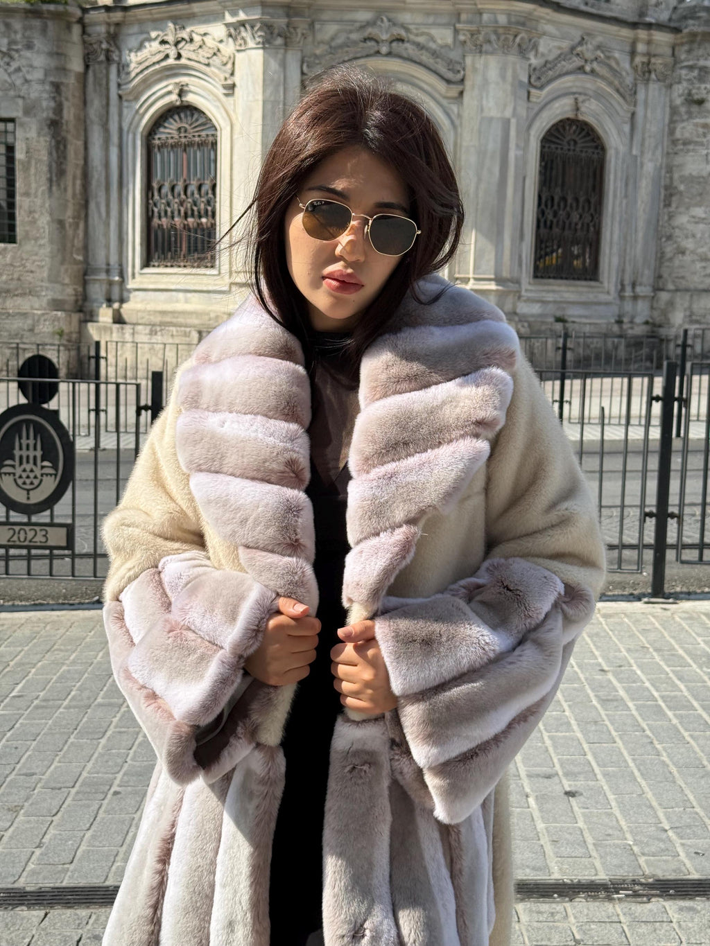 Beige Short Faux Mink Fur Jacket, Wonen’s Handmade Genuine Rex Fur Trim Coat