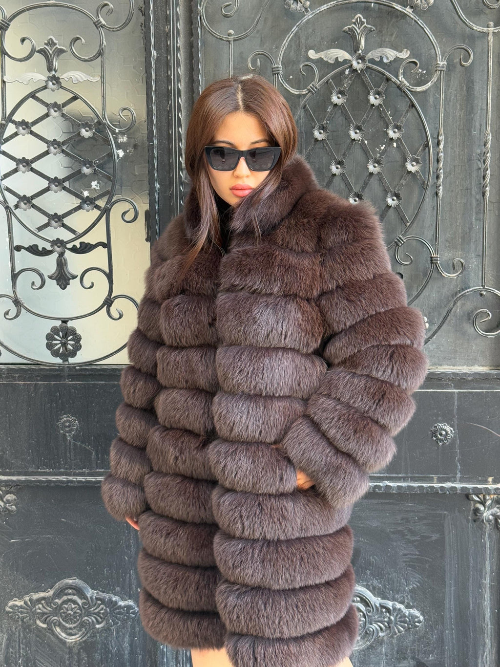 Luxury Brown Fox Fur Coat, Handmade Women’s Long Fur Jacket, Custom Size