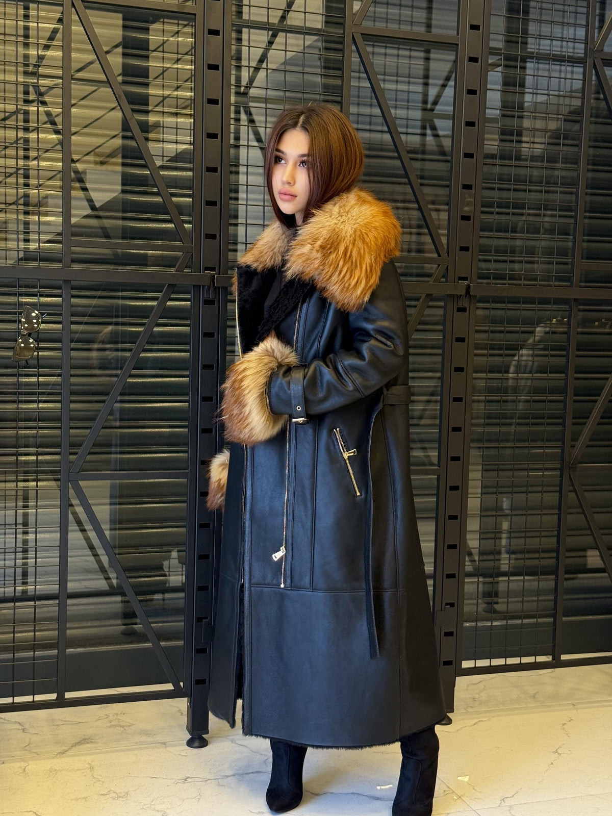 Black Sheepskin Shearling Coat: Fox Fur Trim, Handmade Long Lamb Fur Jacket
