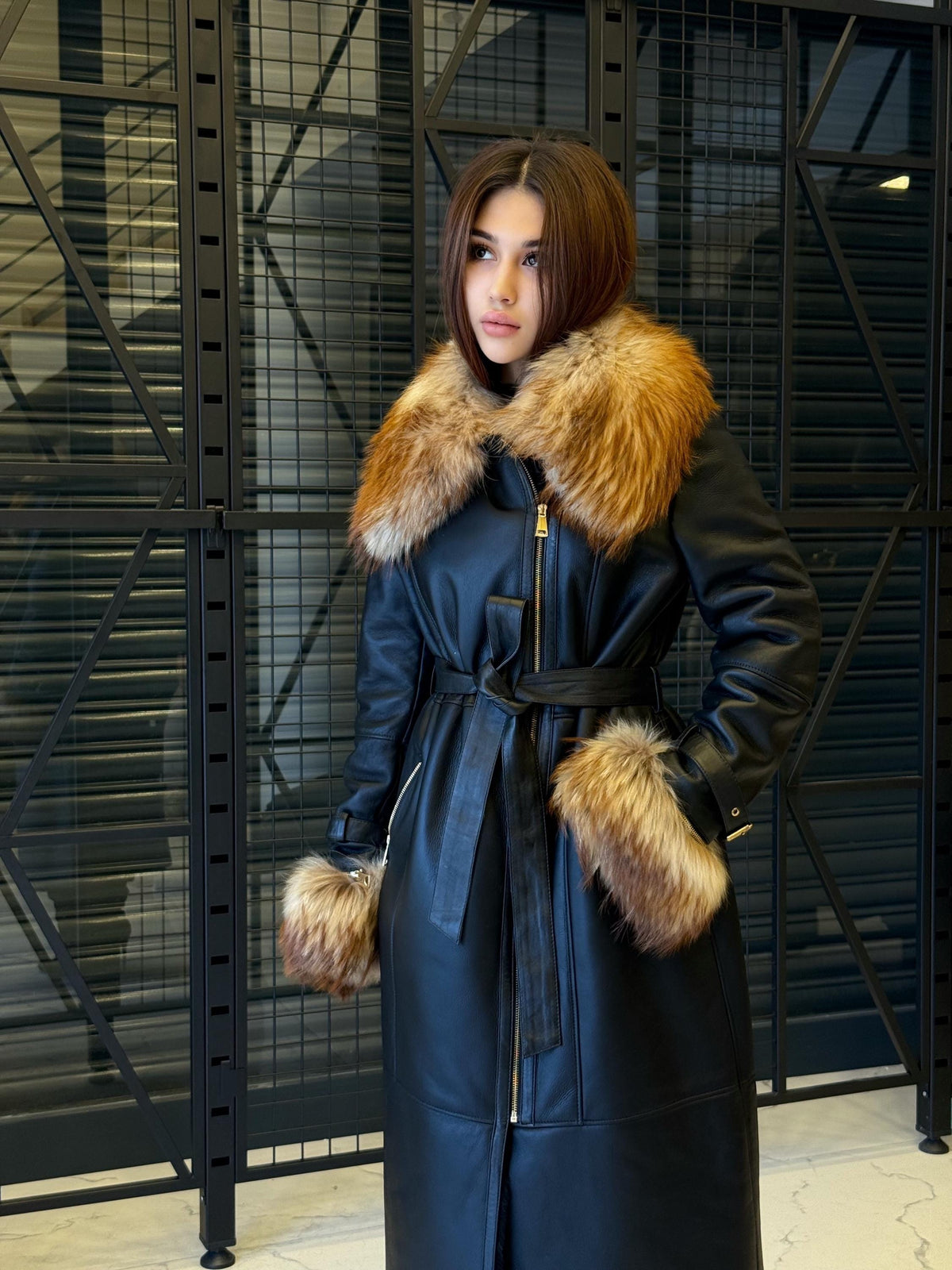 Black Sheepskin Shearling Coat: Fox Fur Trim, Handmade Long Lamb Fur Jacket