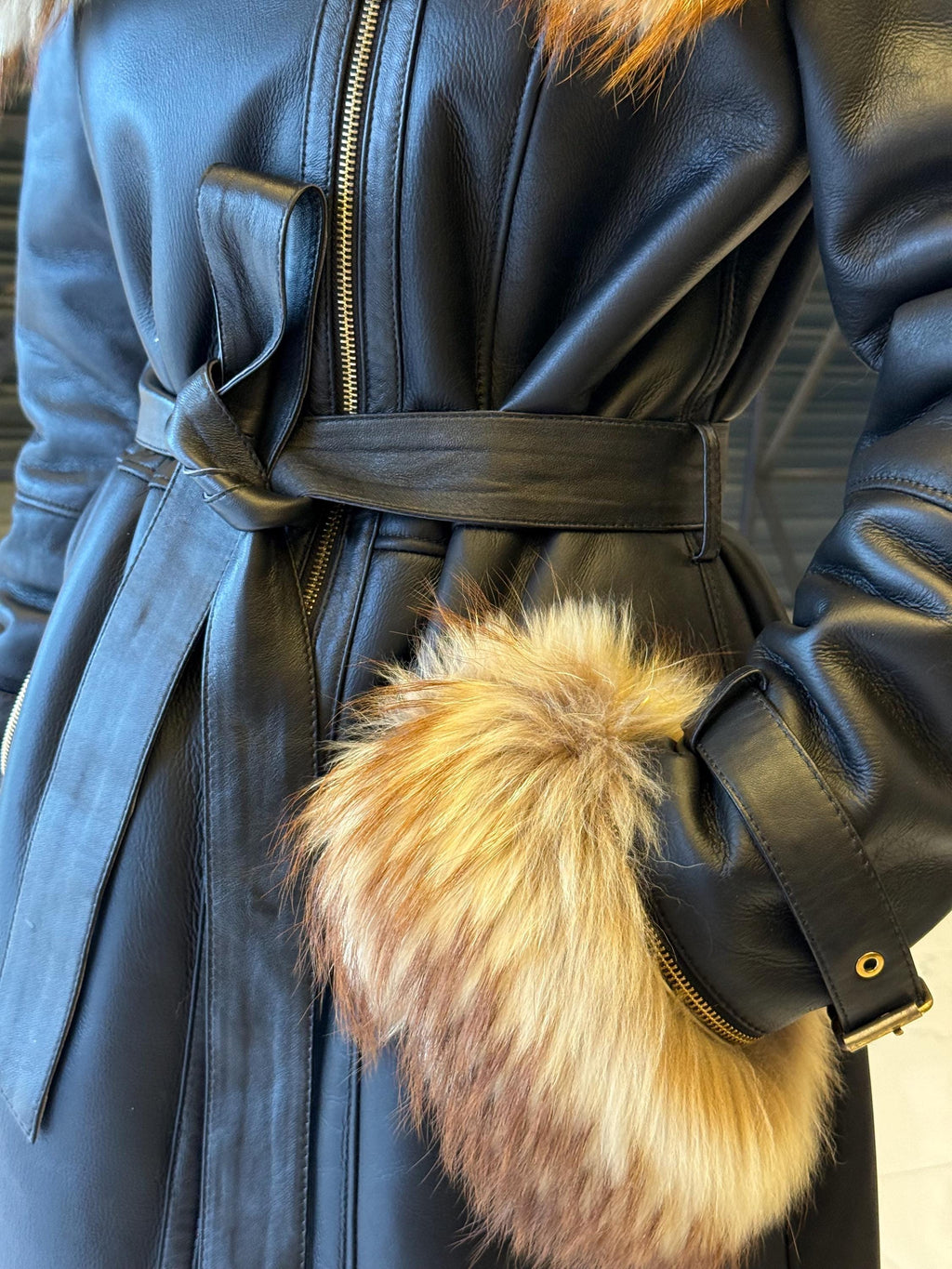 Black Sheepskin Shearling Coat: Fox Fur Trim, Handmade Long Lamb Fur Jacket