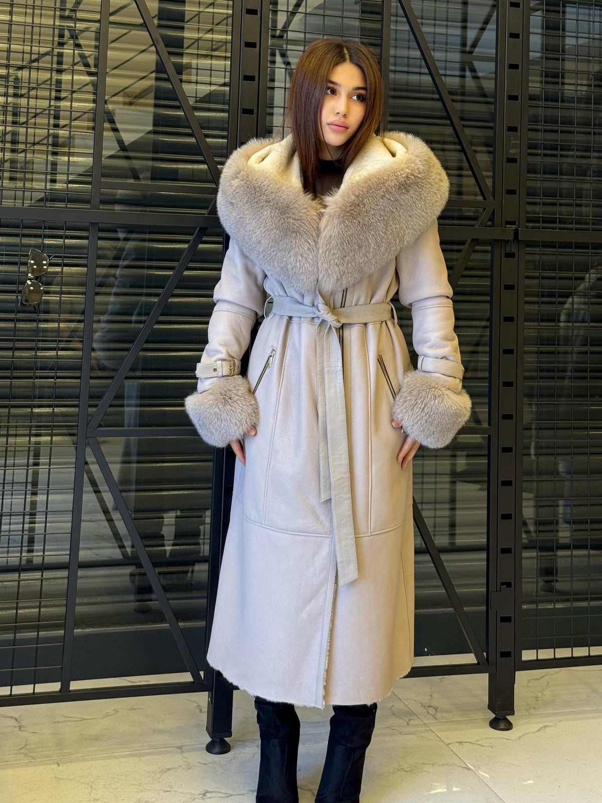 Beige Sheepskin Shearling Coat: Fox Fur Trim, Handmade Hooded Long Lamb Fur Jacket
