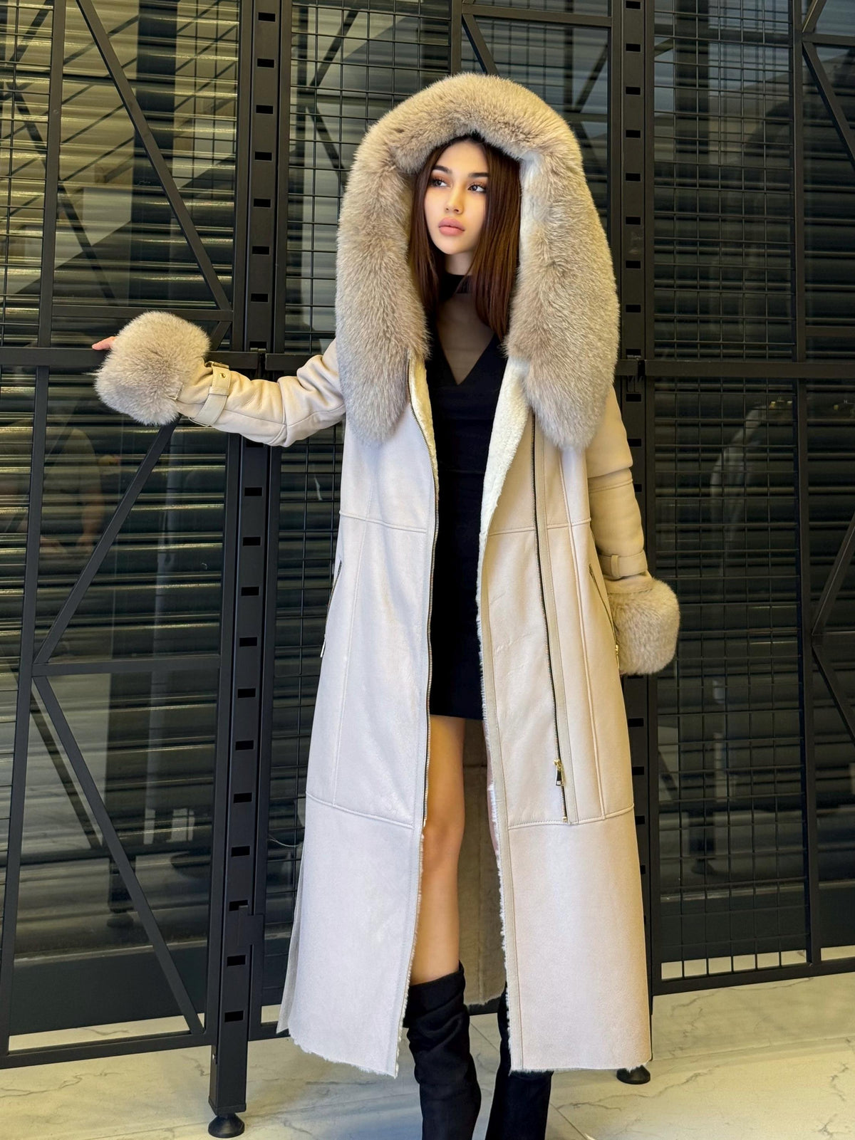 Beige Sheepskin Shearling Coat: Fox Fur Trim, Handmade Hooded Long Lamb Fur Jacket