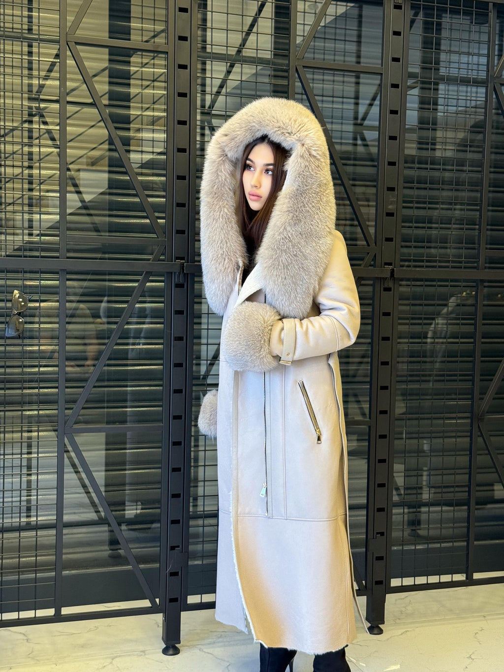 Beige Sheepskin Shearling Coat: Fox Fur Trim, Handmade Hooded Long Lamb Fur Jacket