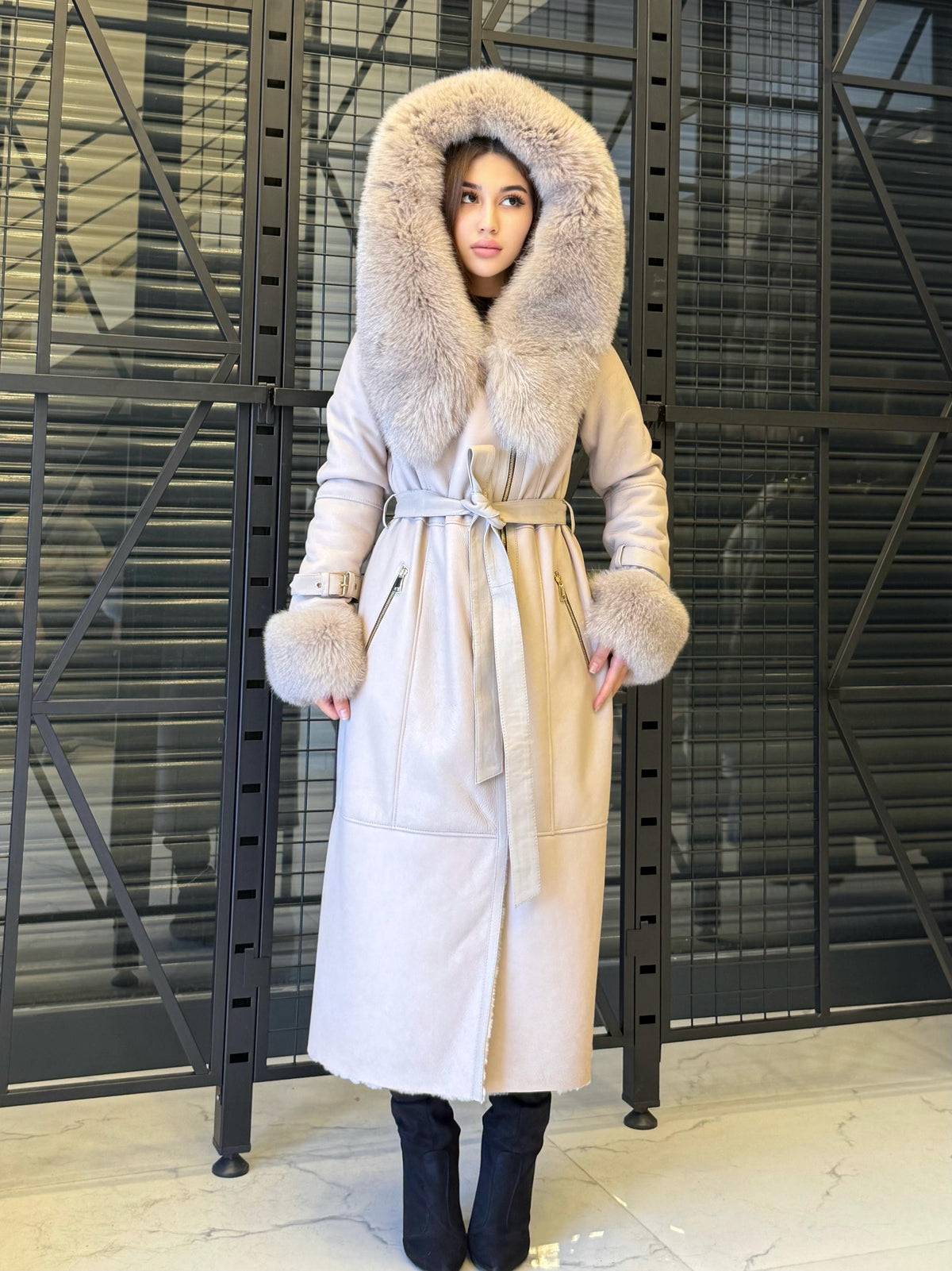 Beige Sheepskin Shearling Coat: Fox Fur Trim, Handmade Hooded Long Lamb Fur Jacket