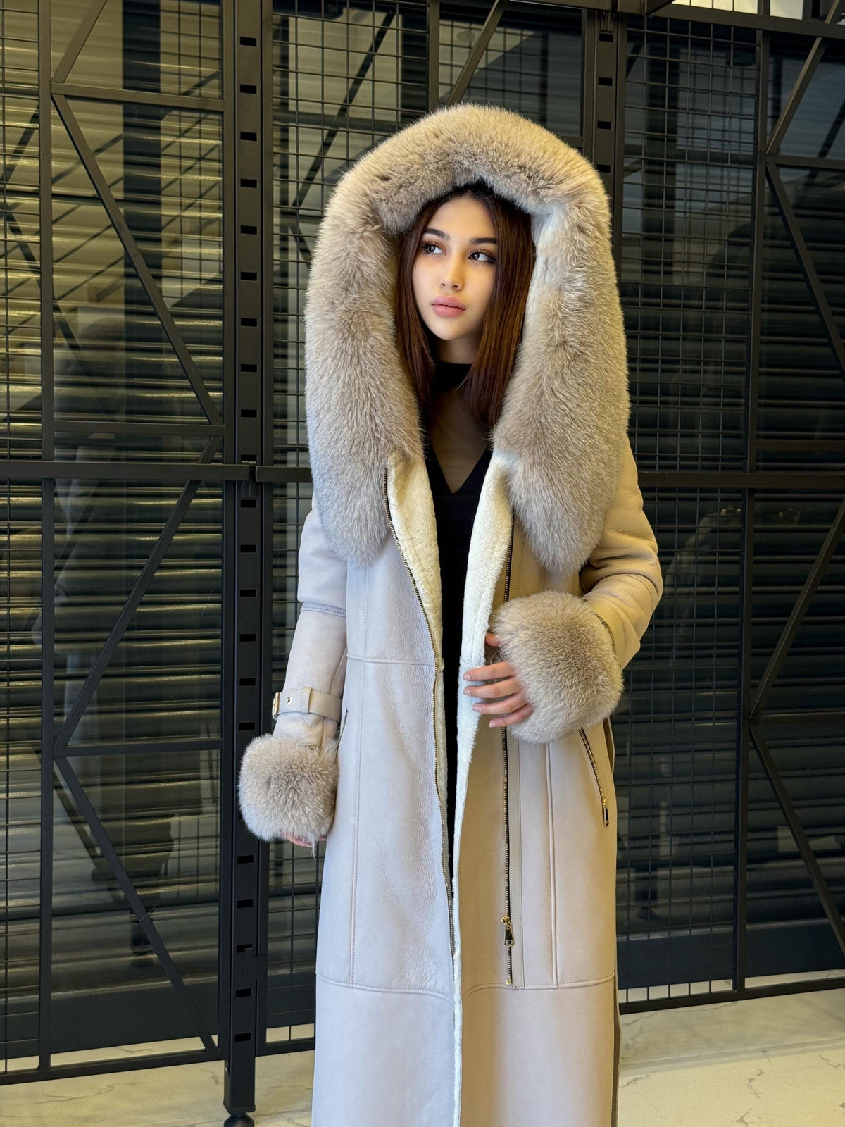 Beige Sheepskin Shearling Coat: Fox Fur Trim, Handmade Hooded Long Lamb Fur Jacket