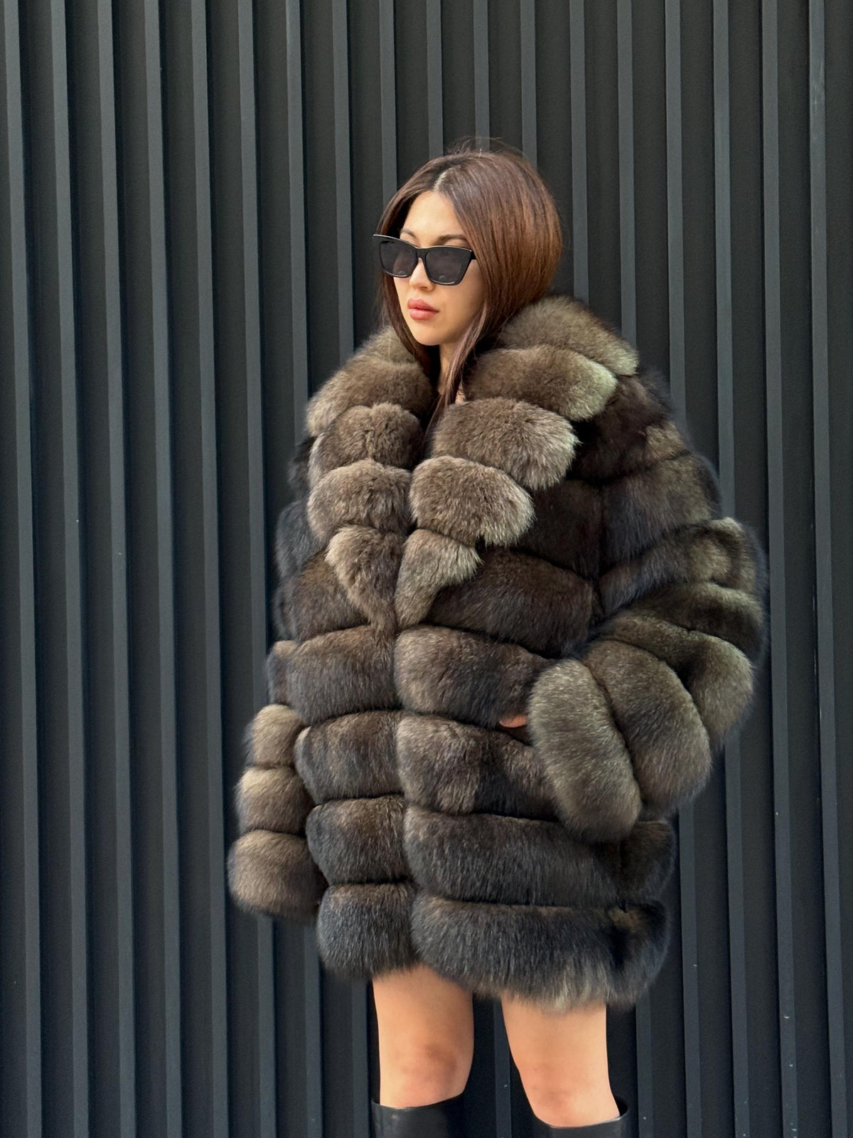 Brown Fox Fur Jacket, Limited Edition Sable Color Fur Coat For Women